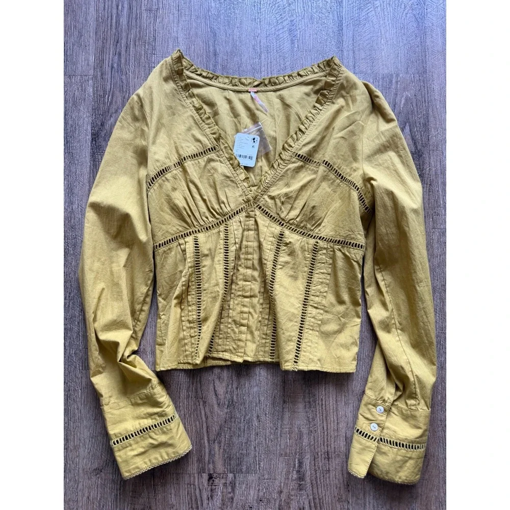 Free‎ People Lemon Party Smocked Waist Blouse Gold Cotton Lace Top Large